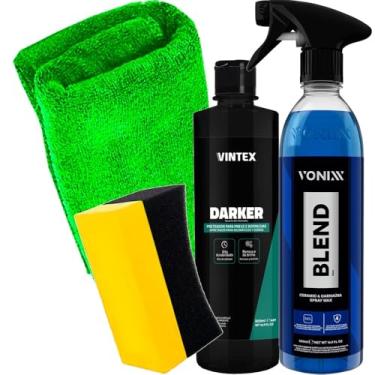 Imagem de Kit Tratamento Blend Spray 500ml Vonixx Pneu Darker 500ml Vintex Aplicador Pneu Pretinho Toalha Karbox