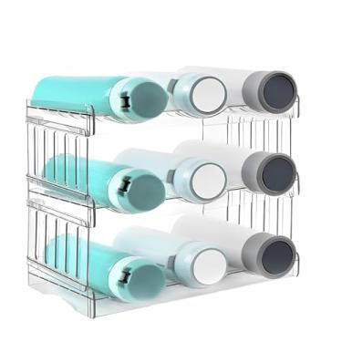 Imagem de Organizador de garrafa de água para armário, rack de vinho de plástico, suporte de garrafa de bebida, suporte de garrafa de água empilhável, suporte transparente para copos, canecas de viagem (três
