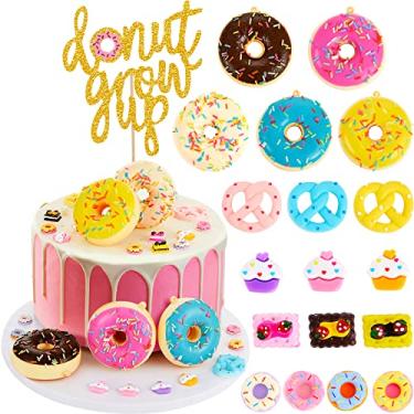 Imagem de 33 peças de cobertura de bolo Donut Grow Up Decorações de borrifamento de bebê com tema de bolo, donuts artificiais realistas, mini donuts, enfeite de cupcake para crianças, aniversário, donut, artigos de festa temáticos