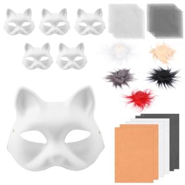 Imagem de Kit de máscara de papel faça você mesmo atraente kit de máscara de gato DIY aumenta a diversão kit de máscara de gato estimular para festas (branco)