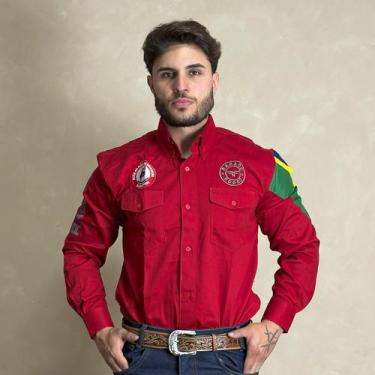 Imagem de Camisao country radade masculina bordada barretos peao, Vermelho, P