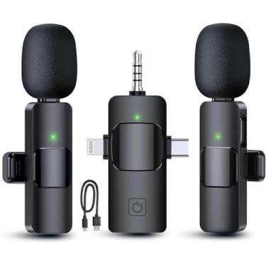 Imagem de Microfones de lapela sem fio para iPhone, iPad, Android, câmera, microfone USB-C 3 em 1, bateria de microfone de 7 horas, mini microfone com redução de ruído para gravação de vídeo, vlog, YouTube