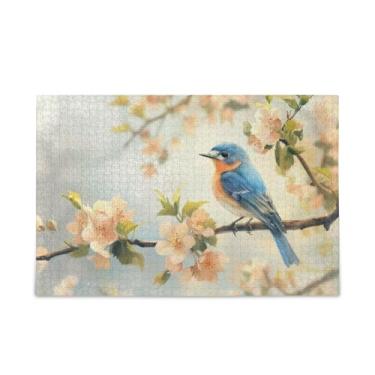 Imagem de WELLDAY Quebra-cabeça primavera pássaro azul 1000 peças grande jogo de arte para adultos adolescentes