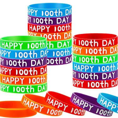 Imagem de Pulseiras de silicone para 100º Dia da Escola, pulseiras de borracha Happy 100º Dia da Escola, artigos de decoração para festas escolares (65 peças)