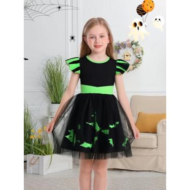 Imagem de Vestido de princesa de Halloween para meninas, vestidos de bruxa chiques para crianças, manga esvoaçante, vestido de tule, Preto, 7-8 Anos