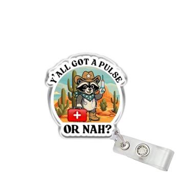 Imagem de OKOMCM Y'all Got a Pulse or Nah Carretel retrátil para crachá, tamanho de 5 cm, clipe de cinto de acrílico, cordão de crachá de guaxinim de caubói, acessórios médicos, presentes DIY para colegas de