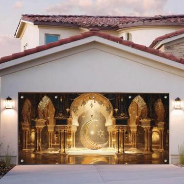 Imagem de HOMETITUTE Ramadan Mubarak Capa de porta de garagem 4 x 1,8 m Eid Mubarak Grande faixa de porta de garagem lua crescente e design de arco de mesquita estrela para celebração Eid decoração de garagem