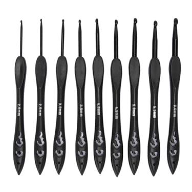 Imagem de Conjunto de ganchos de crochê, 9 peças, alça ergonômica, alumínio, preto, agulhas de crochê para iniciantes, profissionais, artesanato, tricô, crochê