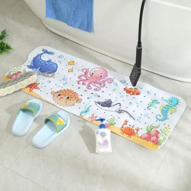 Imagem de Tapete de Banheira Longo para Banho Bebê com Buracos Drenagem Design Mundo Submarino Cartoon Lavável à Máquina Confortável o Chão da Bebês e Crianças