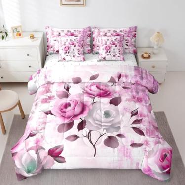 Imagem de Erosebridal Conjunto de edredom King com flores chiques em aquarela rosa, 7 peças, para meninas e mulheres, com pintura a óleo em aquarela, ombré, dégradé