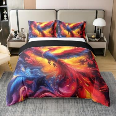 Imagem de Erosebridal Capa de edredom Queen 100% algodão Fire Phoenix para crianças, meninas, meninos, adolescentes, tema de pássaro chama, fantasia mágica, animal selvagem, macio, respirável, estampa 3D, vida