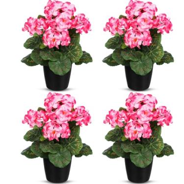 Imagem de Zeyune Pacote com 4 flores artificiais de gerânio para atividades ao ar livre, flores vermelhas de seda resistentes a UV, flores falsas realistas, para casa, cozinha, jardim, pátio, mesa, centro de