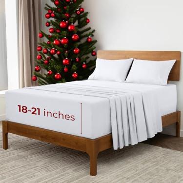 Imagem de Mellanni Lençóis de casal extra profundos – Roupa de cama icônica coleção de 4 peças – Hotel luxuoso, ultramacio, lençóis refrescantes – resistente a rugas, desbotamento, manchas (completo, branco)