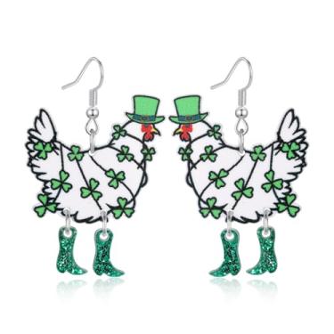 Imagem de Brincos de Dia de São Patrício para mulheres, joias com pingente de galinha fofa, roupa de dia, presentes e lembrancinhas de festa de desfile, Regular size, Acrílico, Sem pedra preciosa