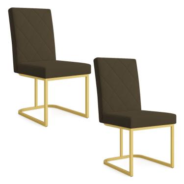 Imagem de Kit 02 Cadeiras De Jantar Estofada Siena Linho Marrom Café Base De Ferro Dourada - Pallazio