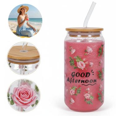 Imagem de Copo De Vidro com Tampa E Canudo Flor Good Afternoon 600ml