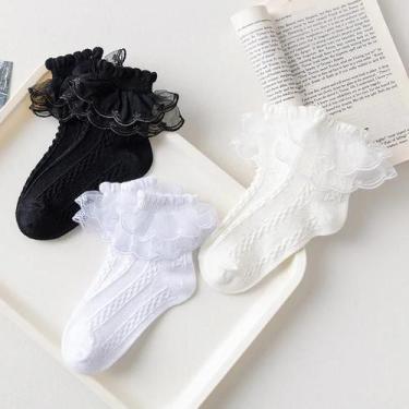 Imagem de Meias De Algodão Com Renda Para Meninas, 3 Pares, Verão, Branco E Pret