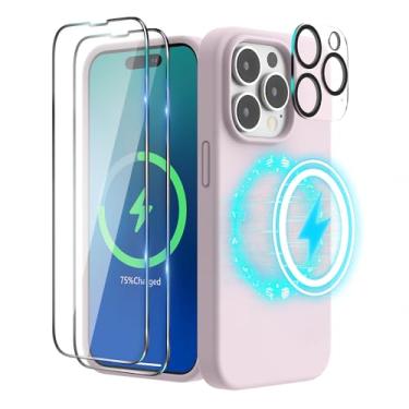 Imagem de SURPHY (Capa 4 em 1 projetada para iPhone 14 Pro compatível com MagSafe (6,1 polegadas, 2022), com 2 unidades de protetor de tela + capa de câmera, capa de telefone de silicone líquido (rosa chakl)