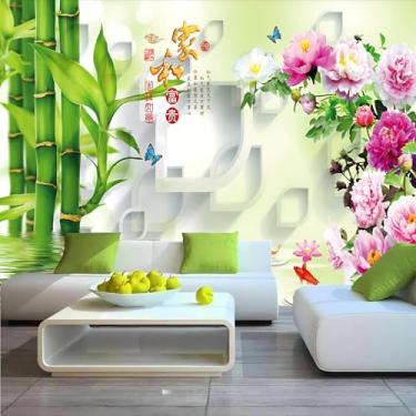 Imagem de Lcythiazole Grande mural de bambu 3D estilo chinês papel de parede 3D peônia papel de parede para sala de estar, sala de jantar, quarto e escritório, tamanho personalizável