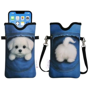 Imagem de Tainada Bolsa de neoprene masculina e feminina com alça transversal/cordão de pescoço para iPhone 16/15/14 Pro Max, 16/15/14 Plus, Samsung S25, A55, Google Pixel 9 (jeans maltês)