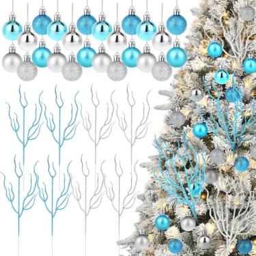 Imagem de 32 peças de decoração de árvore de Natal azul-claro costeira incluem ramo do oceano costeiro de 33 cm, galhos, enfeites de Natal e enfeites de bola de Natal azul claro para decoração de Natal