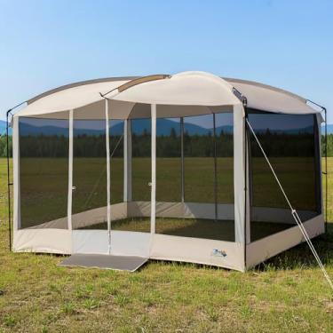 Imagem de Tenda de tela para casa de 4 x 2,7 m com 2 portas magnéticas, tela de projeção incluída, abrigo de dossel de barraca de acampamento para atividades de quintal de pátios ao ar livre (bege)