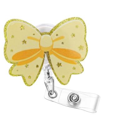 Imagem de Soleebee Carretel de crachá de enfermeira de laço amarelo, porta-crachá de trabalho retrátil de estrela brilhante fofo, clipe de crachá de identificação com clipe de jacaré giratório de 360° para