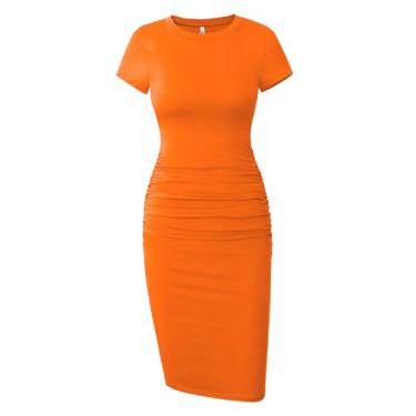 Imagem de Missufe Vestido feminino de manga curta franzido casual midi colado ao corpo, Laranja neon, M