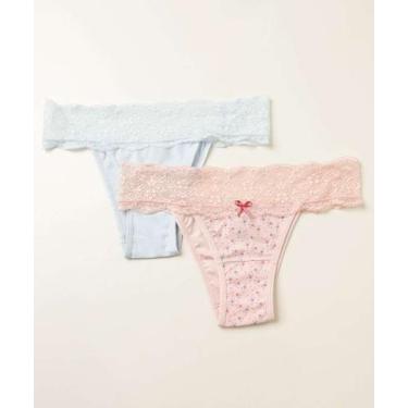 Imagem de Kit 2 Calcinhas Feminina Tanga Recorte Renda Marisa-60197, Azul, Rosa,