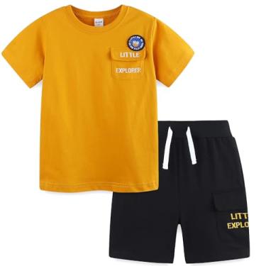 Imagem de Bumeex Conjunto de camiseta cargo de algodão e manga curta para meninos, Amarelo/preto, 4 Anos