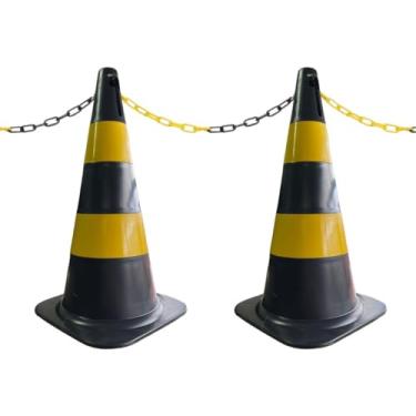 Imagem de 2 Cones de Sinalização para Estacionamento 50cm e 2m de Corrente de Isolamento (Preto e Amarelo)