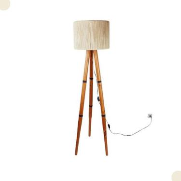 Imagem de Abajur Luminária Tripé Torneado Madeira Eucalipto Cupula Sisal Design 