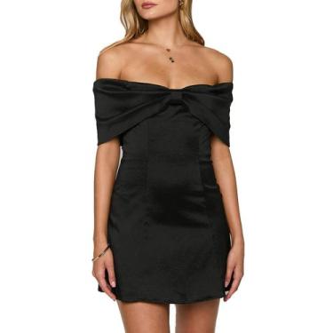Imagem de Vestido YEXPINE de cetim sem ombro, laço frontal, mini preto
