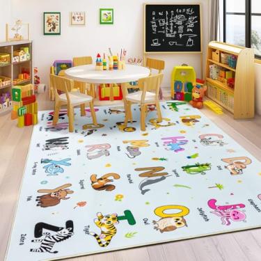 Imagem de Bolacrom Tapetes infantis para sala de jogos, tapete educativo para aprender o alfabeto ABC, macio, lavável à máquina, tapete de animais fofos para sala de aula, berçário, decoração de quarto de