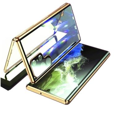 Imagem de Capa protetora de segurança para Galaxy S23 Ultra com absorção magnética à prova de choque, de alumínio, capa dupla face, vidro temperado, capa traseira de policarbonato para Galaxy S23 Ultra 6,8 polegadas 2023 (dourada)