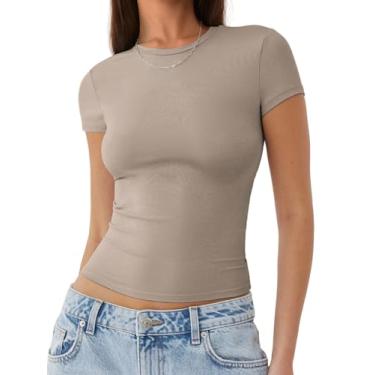 Imagem de MIROMIHO Tops de verão camisetas femininas básicas gola canoa manga curta crop tops bonitos slim fit roupas Y2k 2024, Cinza-café, G