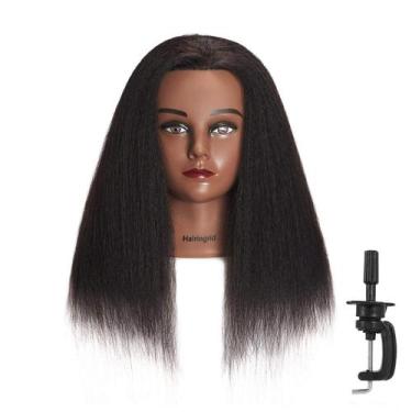 Imagem de Manequim de Cabeça com Cabelo Natural 100% - 14" com Suporte de Braçad