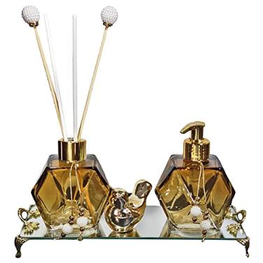 Imagem de Kit Lavabo Luxo Valência 200ml Bandeja Espelhada Passarinho (Âmbar)