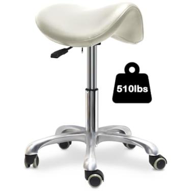 Imagem de LIMKOMES Banqueta de selim com rodas, cadeira de rodinhas, cadeira de rodinhas ergonômica giratória com elevação hidráulica de altura ajustável para escritório, massagem médica, salão, desenho