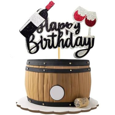 Imagem de Red Wine Happy Birthday Cake Topper - Black Glitter Wine Cup Cake Decoration for Red Wine Themed Birthday Party Decoration Supplies for Men & Women