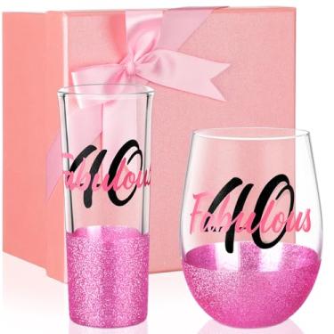 Imagem de Singhoow 2 peças de presente de aniversário para ela taça de vinho sem haste com glitter, decorações de aniversário, lembrancinhas de festa para mulheres, filha, irmã, amigas, colega de trabalho