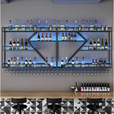 Imagem de Rack de vinho de metal de 3 camadas montado na parede com LED, visor flutuante para garrafa de licor e suporte de taça de vinho, prateleira de bar elegante para garrafas e copos (preto-azul, 300 x 20