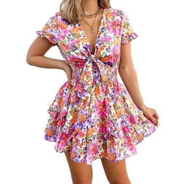 Imagem de Vestido Mini con Lazo Frontal Floral Blanco PRETTYGARDEN XXL