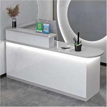 Imagem de Mesa de recepção de recepção, balcão de recepção com luzes, mesa de balcão frontal com armário, balcão de varejo moderno com gavetas, para escritório de checkout/salão de beleza/saguão/spa