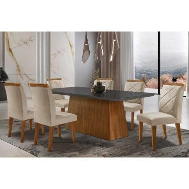 Imagem de Sala De Jantar Completa Luna Tampo Madeirado Com Vidro Curvo 180x90 E 6 Cadeiras Melissa Imbuia - Veludo Creme - Rufato
