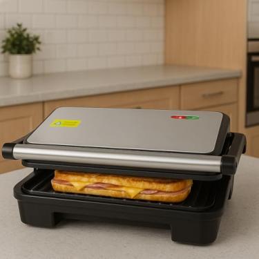 Imagem de Sanduicheira Elétrica Grill Inox 1000W 127V Antiaderente Sanduíches Crocantes Grelhados Lanches Cozinha Restaurante