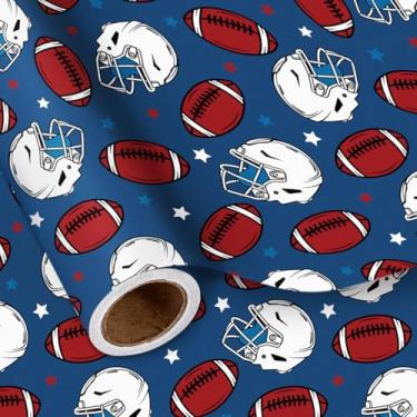 Imagem de LeZakaa Papel de embrulho de futebol americano para meninos, presente de futebol com design de bola de capacete, embrulho de presente esportivo azul para supertigela, dia dos pais e festa esportiva