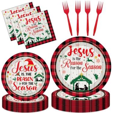 Imagem de VorkiVecKi Decorações de Natal para festa de presépio – 96 peças Jesus Is the Reason for the Season, pratos de papel, guardanapos, garfos, conjunto de utensílios de mesa, descartável, feliz