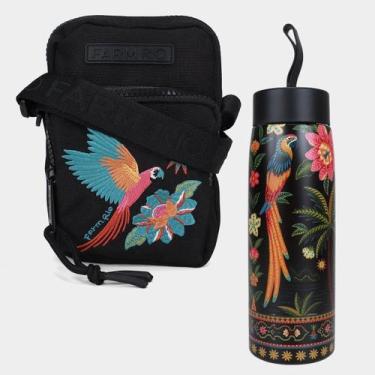 Imagem de Kit Shoulder Bag Farm Da Gema Samba Das Araras + Garrafa Térmica, Pret