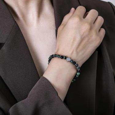 Imagem de Pulseira de contas feita à mão para homens e mulheres, cordão elástico com pedra natural e contas de destaque, joia de pulso ajustável, 7.68Inches, Obsidiana, Emeraid, Sem Pedra Preciosa